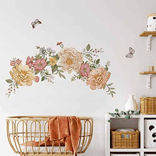 Mfault Vintage Peony Flowers Leaves Peel Stick Wall Decal Sticker, Boho Floral Butterfly Botanical Plant Nursery Decoration Girls Bedroom Living Room Art, Women Teen Kids Room Home Kitchen Decor Gift #TOP4
