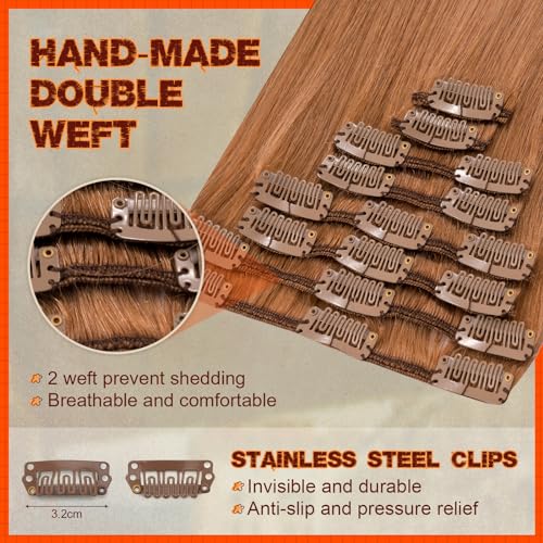 Image of Benehair Clip in Real Human Hair Extensions Auburn Long Straight Remy Natural Remy Hair Extensions Full Head 8pcs for Women 12inch #30 Light Auburn