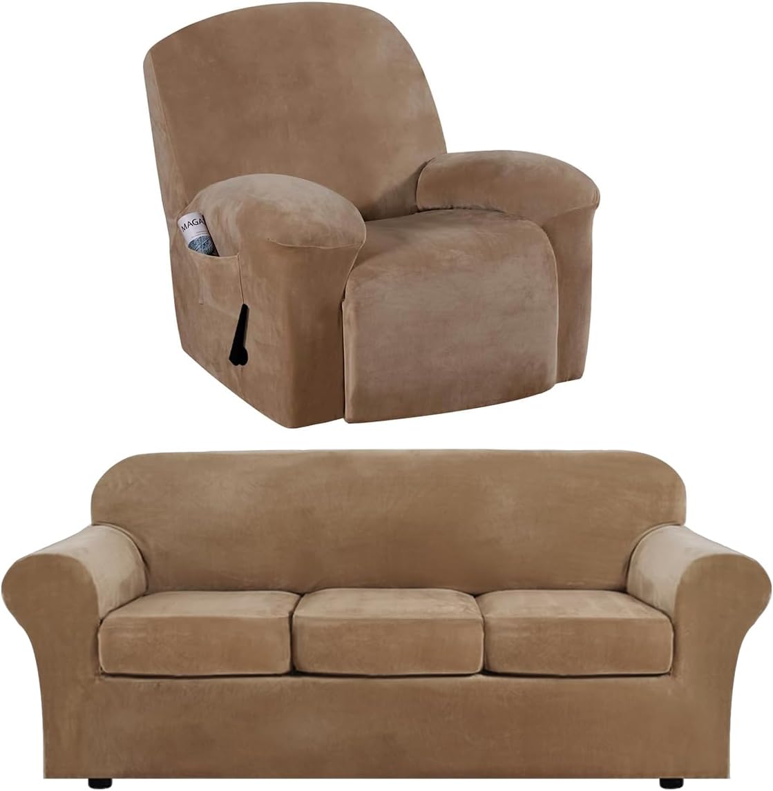 H.VERSAILTEX 4 Pieces Stretch Sofa Covers for 3 Cushion Couch Covers Bundle 1-Piece Velvet Recliner Chair Covers, Camel