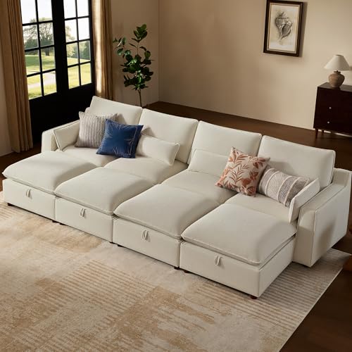 Image of WorthFurni Modern Modular Sectional Sofa,134 inch Sleeper Sofa Bed Sectional Cloud Couch with Storage Ottoman,Comfty 8 Seat Sofa for Living Room,Beige Chenille