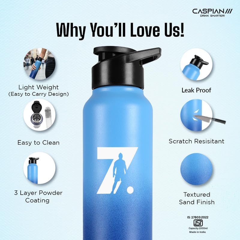 Image of CASPIAN / / / Hike Stainless Steel Customize Sipper Water Bottle Leak Proof Thunder for Fridge Home Office Travel School Kids Boys Girls Adults Sports Gym Yoga (P Blue 1 Litre, Set of 1)