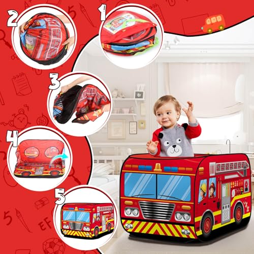 Pop Up Play Tent for Kids Aged 3-5 Years Old Boys and Girls : Fire Truck Tent Playhouse Toy Play Tents for Toddlers 3-5 Kids Tent Indoor Outdoor Playhouse Toys for 3 + Year Old, Fire Truck - Image 3