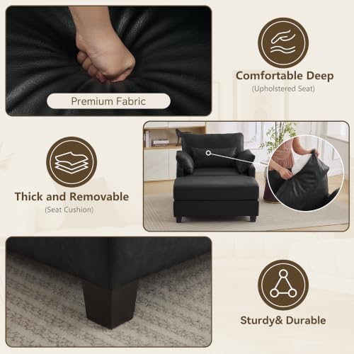 Image of 58 inch Oversized Faux Leather Chaise Lounge Chair Indoor, Mid Century Modern Accent Chair with Ottoman, Deep Seat Comfy Reading Chair with Side Pocket, Single Sofa Armchair for Living Room Bedroom,Black