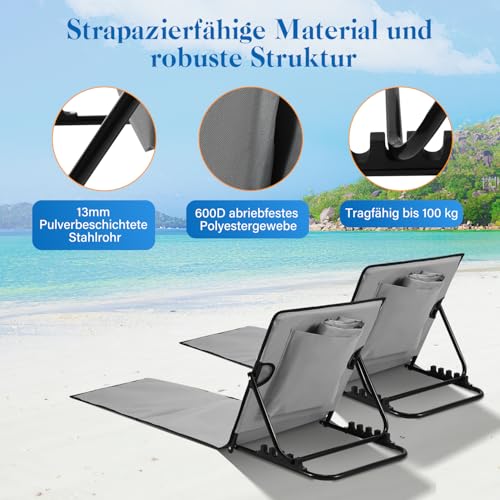 Ikodm Strandmatte 2X, Strandliege klappbar leicht, Strandmatte Faltbar mit 5-stufig Verstellbarer Rückenlehne, Tragbar, inklusive Tragetasche, Beachmatte für Urlaub, Garten, Camping -Hellgrau