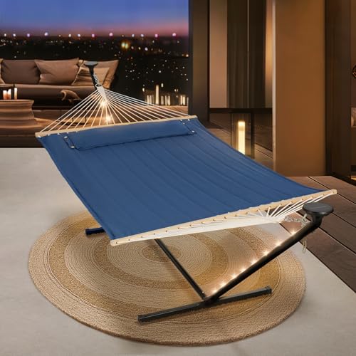 Image of SUNCREAT Patio Hammock with Stand, Solar Powered Lights, Backyard Hammock with Stand for Outside, Navy