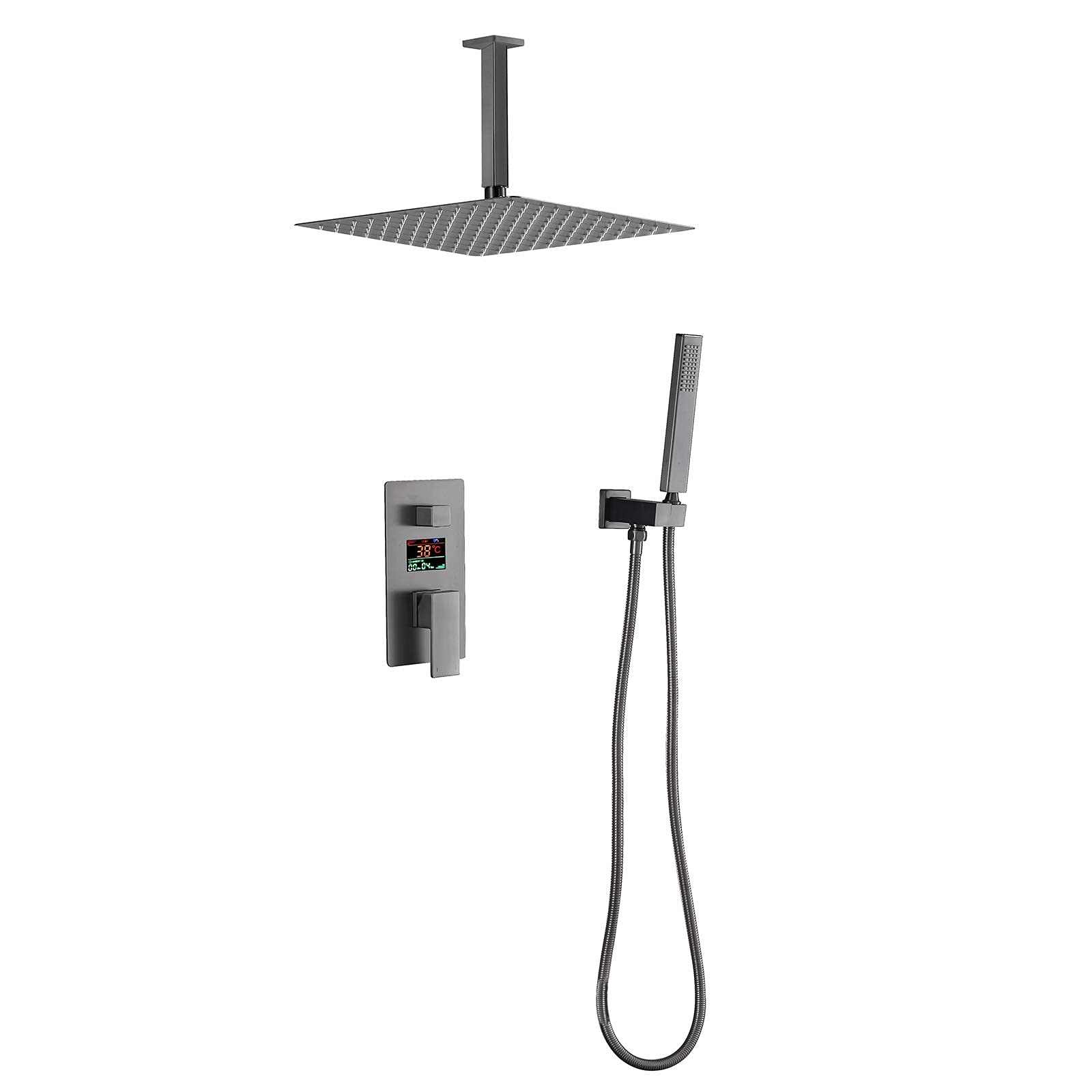 Set doccia con display digitale montato a soffitto rubinetto doccia bagno set soffione doccia in acciaio inox, doccetta a mano, scatola integrata, grigio, 25 cm
