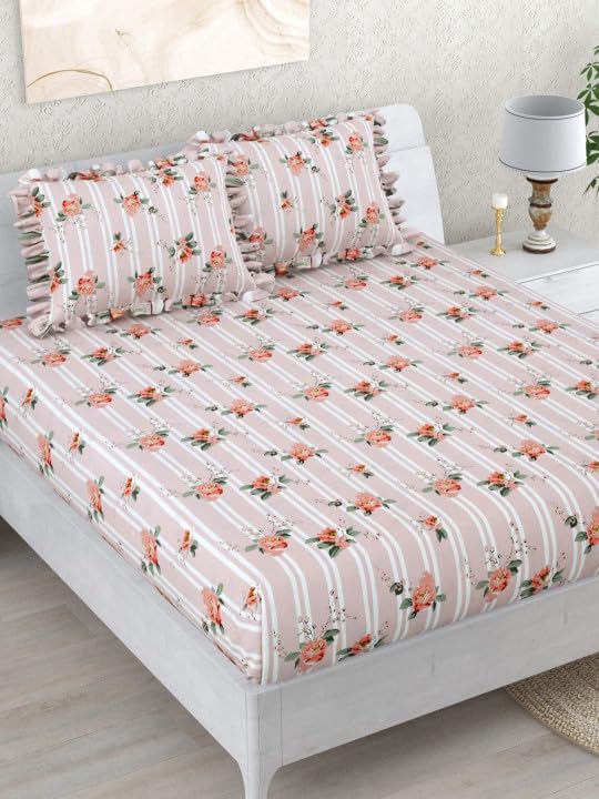 Image of 350 TC Premium Heavy Cotton Feel Elastic Fitted Bedsheet King Size with 2 Frill Pillow Covers King Size || Double Bed with All Around Elastic (Ziva Pink Floral, Double)