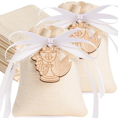 Sonekin 30pz Sacchetti Confetti Comunione, 10x8cm Bomboniere Cresima, Adatto per Adatto per Festival, Feste, Matrimoni (Beige + 30pz Santo Graal)