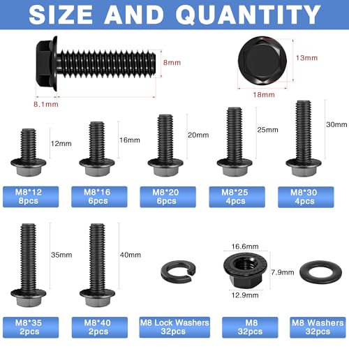 Image of 128Pcs M8 Black Flange Hex Head Bolts Assortment Kit with Serrated Flange Nuts,Washers & Lock Spring Washers,M8-1.25x12 /16 /20 /25 /30 /35 /40mm Hex Head Screw,Carbon Steel Full Thread DIN 6921