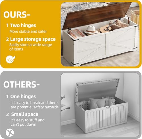 DWVO 47.2" Farmhouse Storage Bench, Wooden Chest with Safety Hinges, Entryway Shoe Organizer, Multi-Use Storage for Living Room/Bedroom