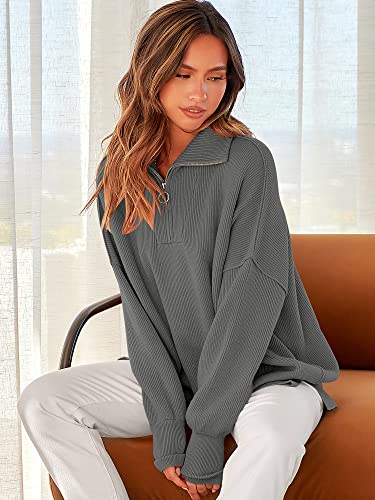 Image of ANRABESS Womens Oversized Quarter Zip Pullover Sweaters | Fall Fashion Outfits, Long Sleeve Slit Side, Baggy Loose Fit, 1 /4 Zip Lapel Collared, Ribbed Knit Soft Warm Winter Clothing