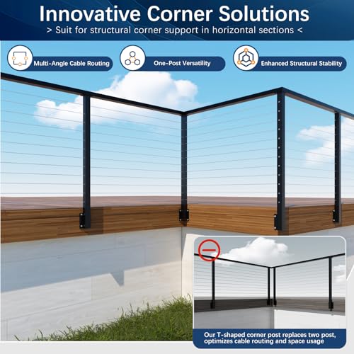 Image of Side Mount Inner Corner Post 42 inch (Post Body 47.6 inch), Fixed Top Three Side Drilled Corner Post Cable Railing, Black Stainless Steel 304 Fascia Mount Metal Post with Inner Terminal & Cable Grommet