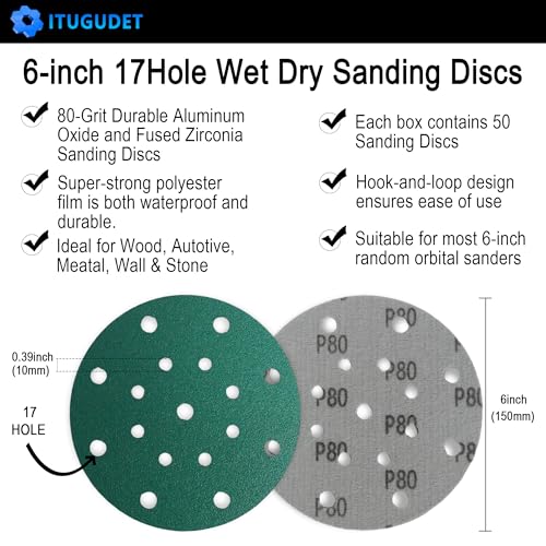 Image of 6 Inch 17 Hole 80 Grit Zirconia Alumina Hook & Loop Sanding Discs, Heavy-Duty Polyester Film Backing, Wet /Dry Anti-Clog for Random Orbital Sanders - Wood, Automotive, Metal - 50 Pack