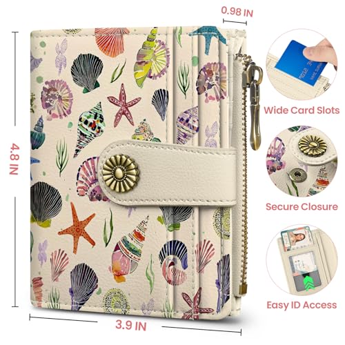 Image of Small Wallet for Women, RFID Blocking Bifold Card Holder Wallet with 10 Card Slots, Cash Compartment, Zipper Coin Pocket & ID Window, Cute Soft Vegan Leather Compact Wallet, Sea Shell