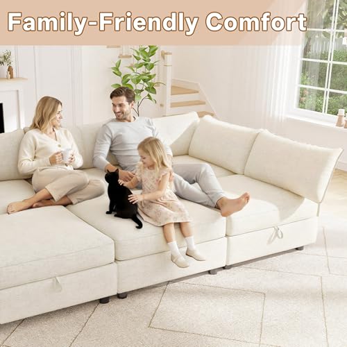 Image of 95.5 inch Chenille Modular Sectional Sofa Bed Hidden Storage, Convertible L U Shaped Sleeper Couch, 6 Seat Modern Modular Sectional Sofa with Removable Covers & Ottoman Chaise, for Living Room, Beige