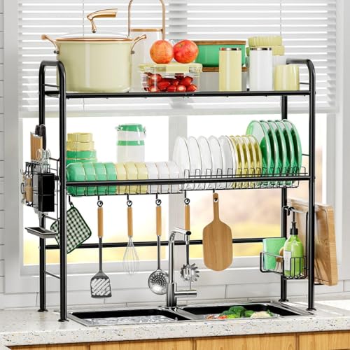 Image of HASTHIP Over Sink Dish Rack for Kitchen, 2-Tier Utensil Holder for Kitchen, Dish Drainer Tiered Shelf Organizer, Counter Top Sink Holder, Space Saving Standing Shelf for Organize (33.5x10x31.9IN)
