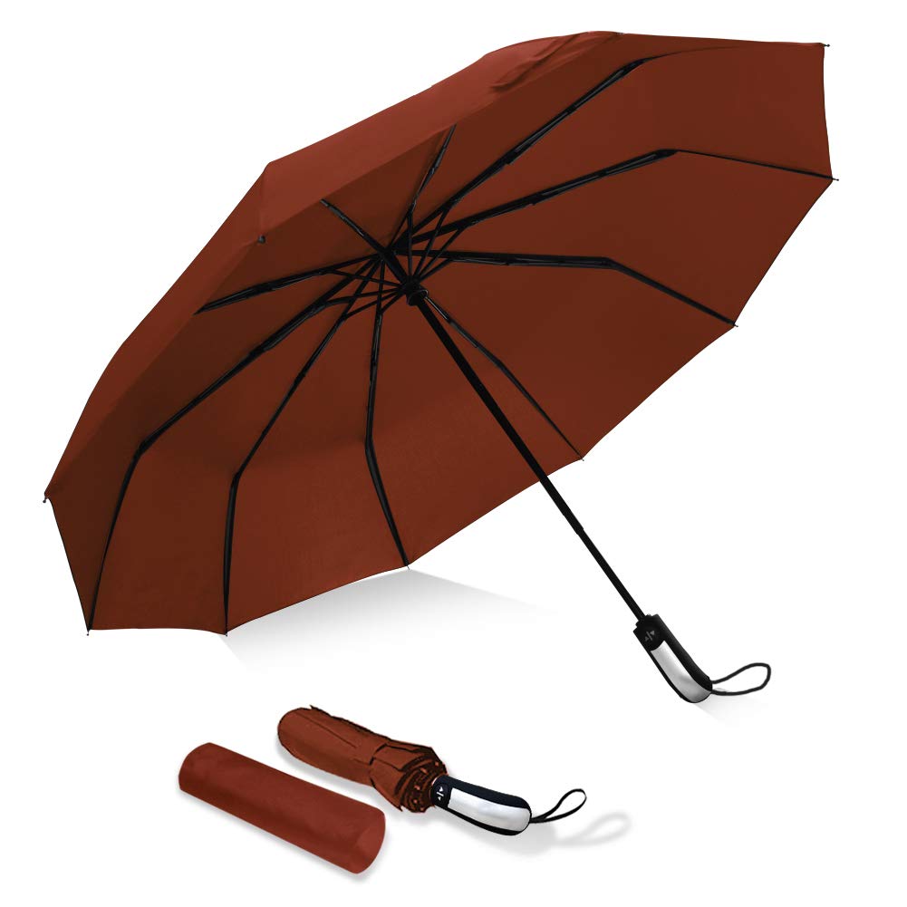 Vedouci USA Folding Umbrella 10 Ribs Compact Travel Umbrella with Teflon Coating, Automatic Umbrellas Anti UV Coating Folding Umbrellas, Brown