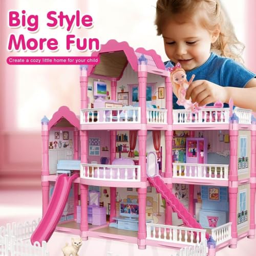 Image of Princess Doll House with Furniture & Slide, 2 Storey Luxury Villa Playset with Balcony, Stairs & Garden Fence, Pretend Play Dream House Toy for Girls 3+ Years Birthday Gift