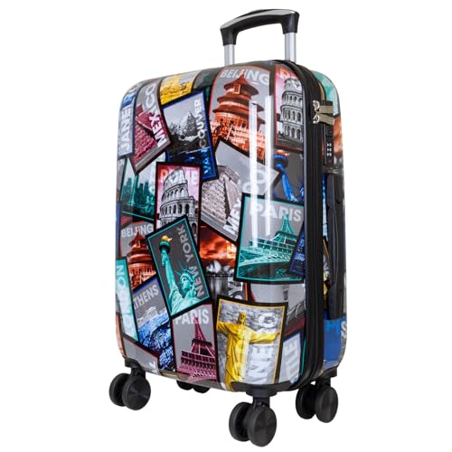 Trendyshop365 Handgepäck Koffer Hartschale klein 57 cm - bunt Motiv Weltreise Rio Athen Paris