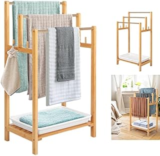 Nisorpa Bamboo Towel Rack 3 Tier Towels Rail with Racks, Wood Free Standing Clothes Holder Shelf with Storage Tray and Stainless Steel Towel Bar for Home Bathroom, Gym, Laundry