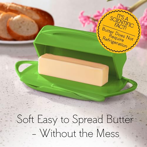 Image of Butterie Flip Top Butter Dish with Attached Lid & Matching Knife - Holds 2 Sticks, Fits Kerrygold /European Butter - BPA Free & Dishwasher Safe - Green
