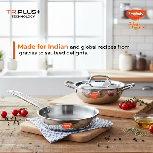 Image of Praylady Triplus Aura 3-Piece Tri-Ply Stainless Steel Cookware Gift Set - 20cm Kadai, 20cm-1.7ltr | Frying Pan with Common Lid | Naturally Non-Stick, Superior Heat Distribution, Elegant Gift Choice