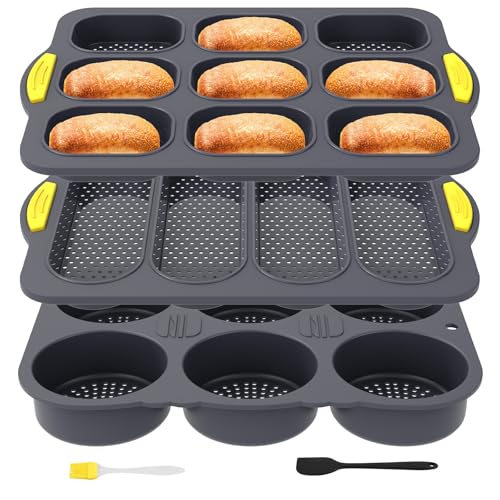 UKQRRTC 3 Pack Silicone Hamburger Bun Mold with Spatula and Brush, Microwave Safe, 4/6/9 Cup Hamburger Bun Pan with Holes for Baking