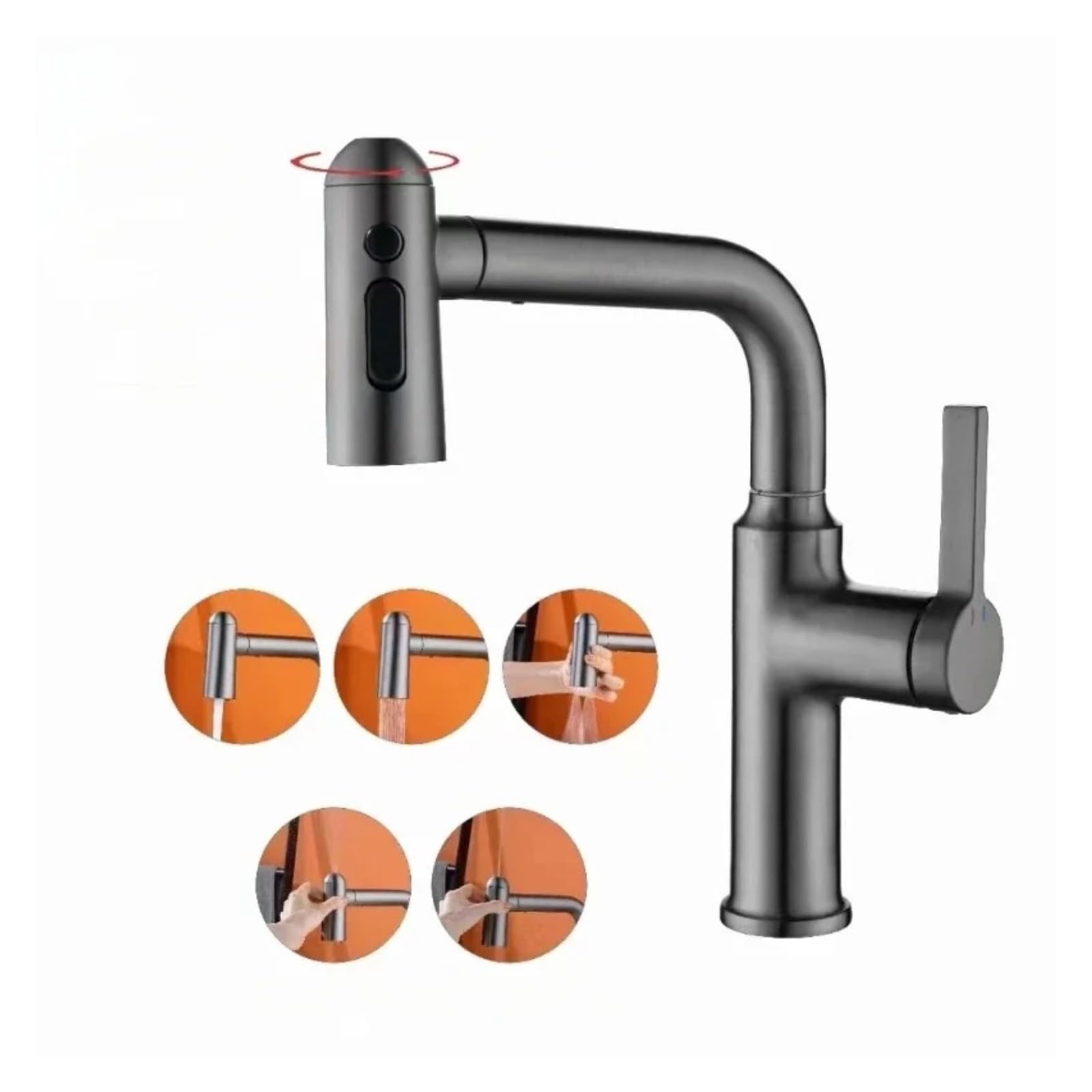 Rubinetto per bagno estraibile, miscelatore per lavabo a cascata a 5 modalità con display a LED, montaggio da seduto,Controllo del flusso