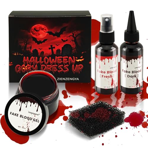 ZIENZENGYA Sangue artificiale per Halloween, 60 ml, sangue fresco artificiale, 60 ml, teatro rosso scuro, 30 ml, plasma sanguigno cagliato, 1 spugna, finto, lavabile per Halloween, zombie vampiro