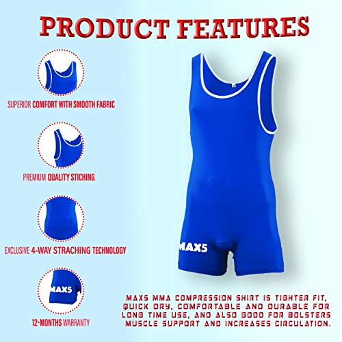 Max Men's Wrestling Singlet Bodywear Uniform Fight Gear (Blue, Medium)