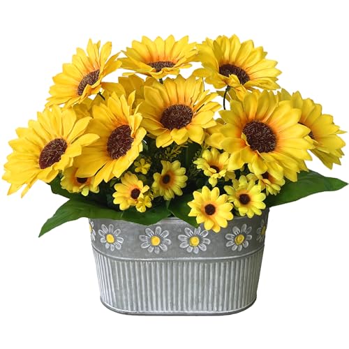 Artificial Flowers Fake Sunflowers in Pot, Faux Silk Flowers Floral Table Centerpiece Decoration, Rustic Potted Greenery for Farmhouse Home Décor