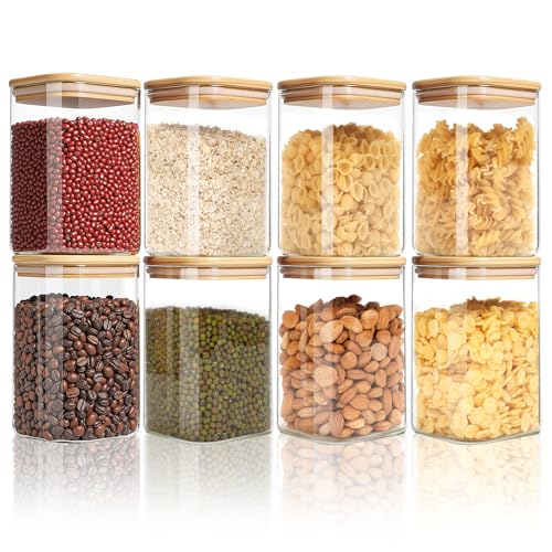FoiiLiio 500ML Vorratsdosen Glas 8er Set Vorratsgläser mit Deckel Eckig Vorratsglas mit Holzdeckel Luftdicht Vorratsbehälter Set Glas Aufbewahrungsgläser Küche für Gewürze, Nuss, Körner