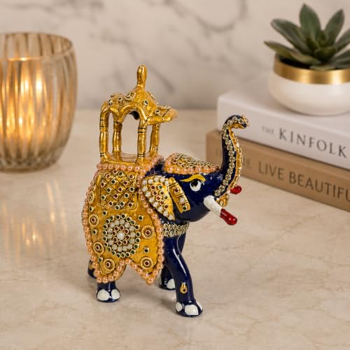 Image of eCraftIndia Handcrafted Blue Elephant Howdah Showpiece with Kundan Work for Home Decor, Decorative Royal Elephant Figurine, Traditional Rajasthani Statue for Living Room & Office