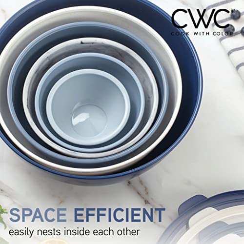 Cook With Color Mixing Bowls With Tpr Lids - 12 Piece Plastic Nesting Bowls Set Includes 6 Prep Bowls And 6 Lids, Microwave Safe Mixing Bowl Set (Blue And White) #TOP6