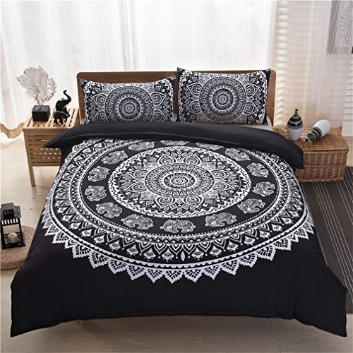 MIUNNG Bohème Mandala Housse de Couette Enfant Adulte Hommes et Femmes Décoration de la Maison Hippie Gypsy Style Parure de lit avec Taie d'oreiller Microfibre Confortable Doux (Noir, 140 x 200cm) Cover