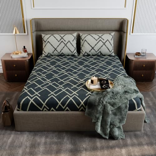 Image of Stoa Paris 100% Cotton King Size Fitted Bedsheet with 2 Pillow Covers, 180TC Printed Bedding Set, All-Season Comfort, Soft & Lightweight, Home Decor, Urbanscape - Slate Lattice (182cmx198cm+30cm)
