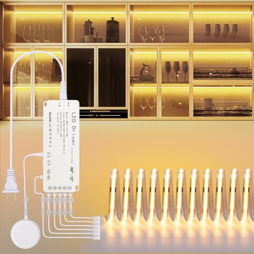 Image of JUSJUBR LED Shelf Lights, 16.4ft 12V Dimmable Cuttable COB LED Strip Lights, Warm White 3000K, Under Shelf Lighting for Bookshelf, Display Cabinet, Closet, Kitchen and Pantry