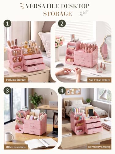 Pink Makeup Organizer with Drawer for Bathroom Countertop Dresser Desk use - image 6