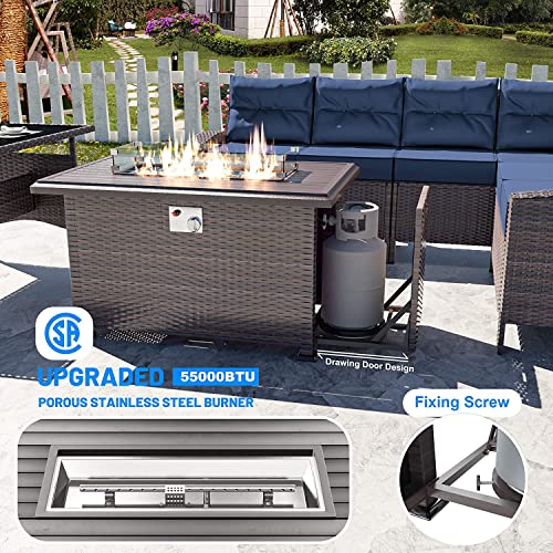 Kullavik 8 Pieces Outdoor Patio Furniture Set Wicker Rattan Dining Sofa Outdoor Sectional Conversation Set With 43" 55000Btu Gas Fire Pit Table,Navy Blue #TOP1