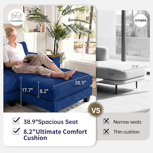 Image of 114 inch Cloud Sectional Couch with L-Shape Reversible Chaise, Modern Corduroy L Shaped Couch with 2 Pillows & Storage Armrests, 4 Seater Sectional Couches for Living Room, Plush Corduroy, Blue