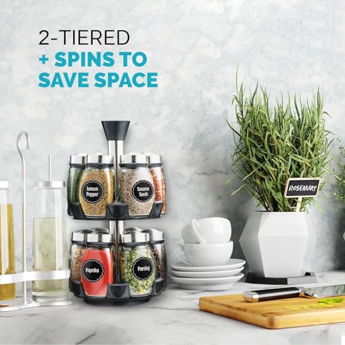 Revolving Spice Rack Organizer - Spinning Countertop Herb and Spice Storage Rack Tower Organizer with 12 Empty Glass Jars Bottles and Labels, Rotating Spice Holder Shelf Seasoning Rack - Image 4