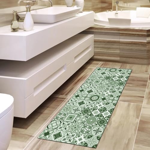 Alfombra para pasillo lavable y antideslizante con diseño boho verde oscuro de 70x300 cm 4