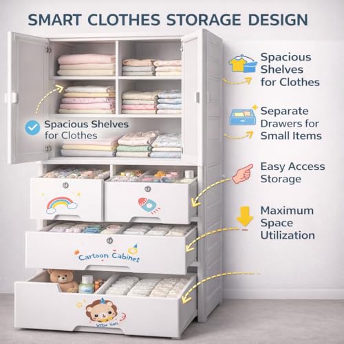Image of AYSIS Kids Plastic Collapsible Wardrobe Organizer for Storage with Drawers | Cute Cartoon Design | Heavy Duty Cloth Organizer for Storage | Easy to Assemble | Perfect for Kids Room & Home | Lionwhite