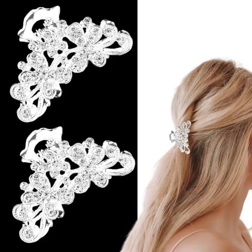 2 PCS Rhinestone Hair Claw Clips for Women Fancy Sparkly Crystal Bling Silver Hairpin Fashion Glitter Diamond Vintage Bride Hair Accessories for Wedding Party Dance Prom Date(Classic)