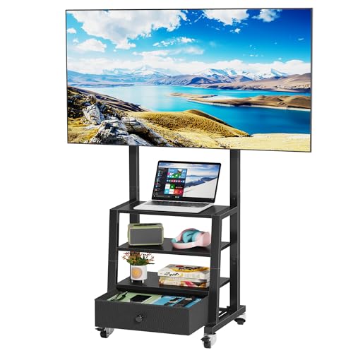 OYRREU Mueble TV con Ruedas y cajón de Tela para televisores de 32–55 Pulgadas – Soporte TV móvil de Altura Regulable para Dormitorio, salón o Gimnasio, Negro