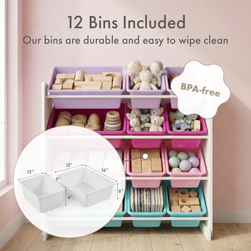 Image of Humble Crew Toy Storage Organizer with 12 Removable Storage Bins for Kids Playroom, 4-Tier Toddler Toy Organization, White /Pink /Purple /Turquoise