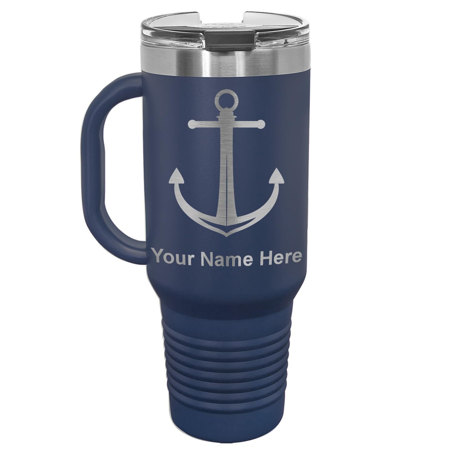 LaserGram 40oz Vacuum Insulated Travel Mug with Handle, Boat Anchor, Personalized Engraving Included (Navy Blue)