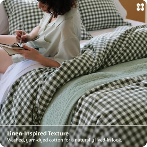 Image of Nayoroom Olive Green Gingham Duvet Cover Queen Plaid Checkered Dorm Bedding