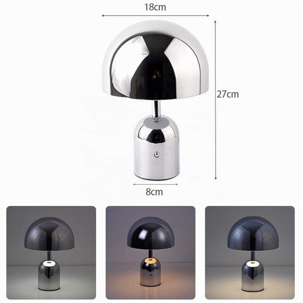 AoLa Pilz Tischlampe Kabellose Pilzlampe 2000mAh Akku Tischleuchte Dimmbar Touch Control Nachttischlampe Ohne Kabel USB Aufladbar Batterie Lampe für Restaurant Schlafzimmer Wohnzimmer, Silber