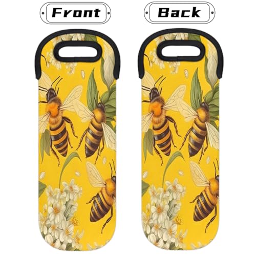 Bee Honey Yellow Wine Carrier Tote Bag Yellow Honeycomb Farmhouse Neoprene Wine/Water Bottle Tote for Picnic Party Restaurant4